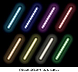 Líneas de neón 3d realistas sobre fondo oscuro. Lámpara estilo de los años 80. Luminoso y brillante elemento de señalización de discoteca. Lámparas eléctricas de colores. Ilustración del vector