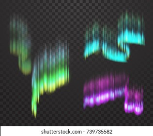 Realistic 3D northern aurora lights isolated on transparent background. Natural effect for banners flyers or web. Cold winter, new year and Christmas style. Vector illustration. EPS 10.