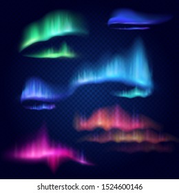 Realistic 3d northern lights, aurora borealis, vector illustration isolated on transparent background. Amazing polar lights on night dark sky, natural phenomena.