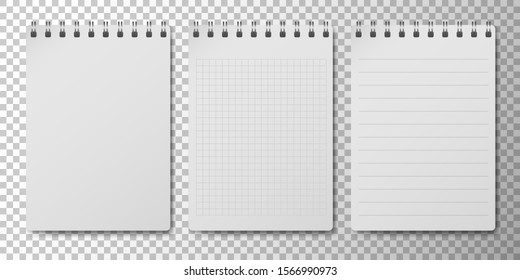 Realistic 3D notepad or notebook set with clean white empty papper page isolated on transparent background. Memo spiral note pad with lined and squared page templates. Vector illustration