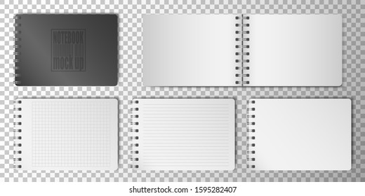 Realistic 3D notepad or notebook set with clean white empty papper page and black cover isolated on transparent background. Memo spiral note pad, lined and squared page templates. Vector illustration