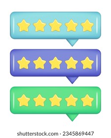 Realistic 3d notification tooltip UI with 5 golden stars. Customer 3d quality reviews, user rating, feedback score, glossy speech bubble icon. Vector illustration isolated on white background