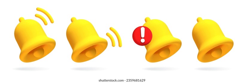 Realistic 3d notification yellow bell icon set. 3d vector render ringing bell with notification. Vector illustration