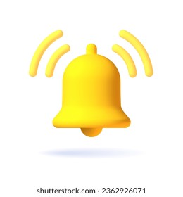 Realistic 3d notification yellow bell icon. 3d vector render ringing bell with notification. Vector illustration