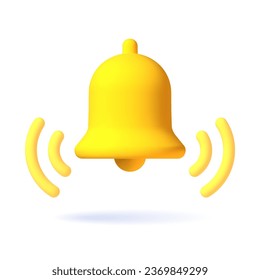 Realistic 3d notification yellow bell icon. 3d vector render ringing bell with notification. Vector illustration