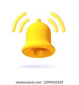 Realistic 3d notification yellow bell icon. 3d vector render ringing bell with notification. Vector illustration