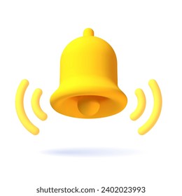 Realistic 3d notification yellow bell icon. 3d vector render ringing bell with notification. Vector illustration
