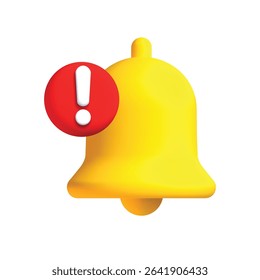 Realistic 3d notification yellow bell icon. 3d vector render ringing bell with notification. Vector illustration