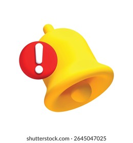 Realistic 3d notification yellow bell icon. 3d vector render ringing bell with notification. Vector illustration