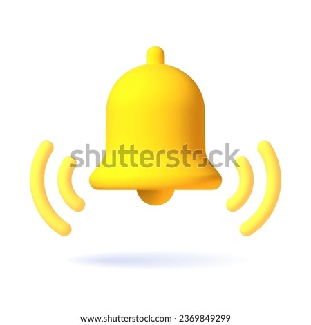 Realistic 3d notification yellow bell icon. 3d vector render ringing bell with notification. Vector illustration