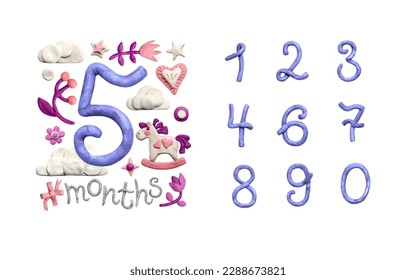 Realistic 3d objects - baby milestone cards with flowers and numbers for newborn girl or boy. 1-12 months  year. Made from plasticine. Cute dough shape. Vector illustration.