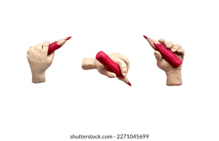 Realistic 3D objects - different hands holding a pencil. Made from plasticine. Cute dough shape.
