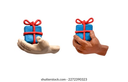 Realistic 3d objects - different hands, white and dark skinned hand hold a gift. Made from plasticine. Cute dough shape.