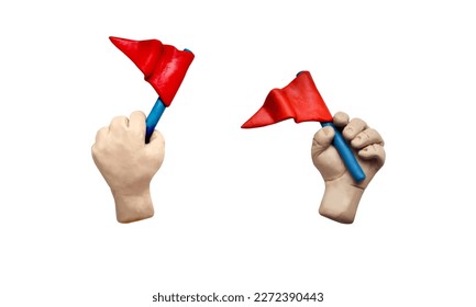 Realistic 3d objects - different hands holding a red flag. Made from plasticine. Nice looking test.