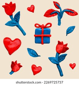 Realistic 3d objects - different 3D icons - heart, flower, leaf, magnifier, gift. Seamless pattern. Made from plasticine. Cute dough shape.