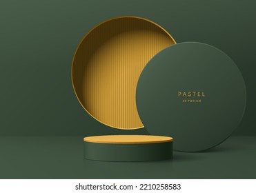 Realistic 3D olive green cylinder pedestal podium with yellow vertical pattern in circle window background. Abstract minimal scene mockup products display. Stage for showcase. Vector geometric forms.