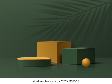 Realistic 3D olive green cylinder and cube yellow pedestal podium with palm leaf shadow overlay background. Abstract minimal scene mockup products display. Round stage showcase. Vector geometric forms