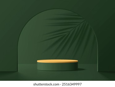 Fondo de podio cilíndrico verde oliva realista en 3D en puerta con escena de pared de sombra de hoja de palmera. Maqueta mínima de presentación abstracta del producto de la exhibición, escaparate del escenario. Diseño geométrico de Vector de plataformas