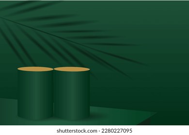 Realistic 3D olive green, glass stand on yellow cylindrical table with palm leaf shadow overlay background.