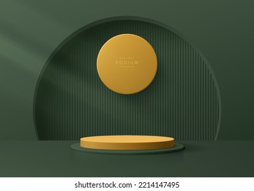 Realistic 3D olive green, yellow cylinder pedestal podium with vertical pattern in semi circle window background. Abstract minimal scene mockup products display. Stage showcase. Vector geometric forms