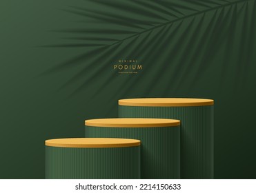 Realistic 3D olive green, yellow cylinder stand podium set with palm leaf shadow overlay background. Abstract wall minimal scene mockup products display. Round stage showcase. Vector geometric forms.