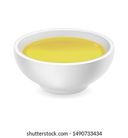Realistic 3d olive or sunflower oil in a round sauce bowl. Yellow liquid honey isolated on white background. Organic vegetarian dressing in ramekin. Side view, realism. Vector food design illustration
