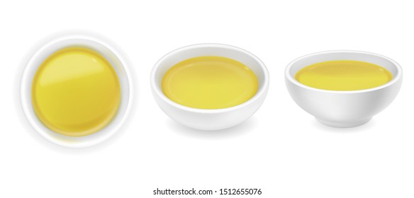 Realistic 3d olive or sunflower oil in a round sauce bowl set. Yellow liquid honey isolated on white background. Organic vegetarian dressing in ramekin. Side top view, realism. Vector food design