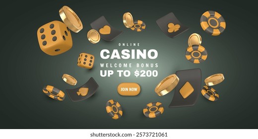 Realistic 3d online casino game concept. Playing cards, poker chips, dice, golden coin. Gambling concept. Vector illustration.