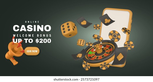 Realistic 3d online casino game concept. Phone, roulette wheel, playing cards, poker chips, dice. Gambling concept. Vector illustration.