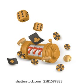 Realistic 3d online casino game concept. Slot machine, poker chips, dice. Gambling concept. Vector illustration.