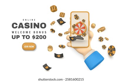 Realistic 3d online casino game concept. Phone in hand, playing cards, poker chips, dice. Gambling concept. Vector illustration.