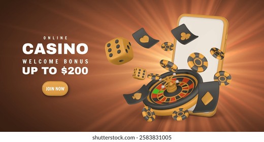 Realistic 3d online casino game concept. Phone, roulette wheel, playing cards, poker chips, dice. Gambling concept. Vector illustration.