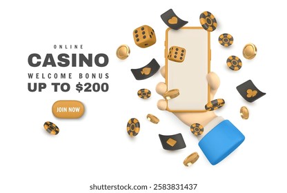 Realistic 3d online casino game concept. Phone in hand, playing cards, poker chips, dice. Gambling concept. Vector illustration.