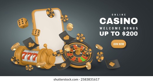 Realistic 3d online casino game concept. Slot machine, roulette wheel, phone, roulette wheel, playing cards, poker chips, dice. Gambling concept. Vector illustration.