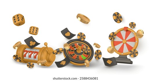 Realistic 3d online casino game concept. Slot machine, roulette wheel, wheel of fortune, poker chips, dice. Gambling concept. Vector illustration.