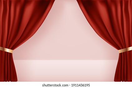 Realistic 3D Open Curtains Background Template. Vector Illustration