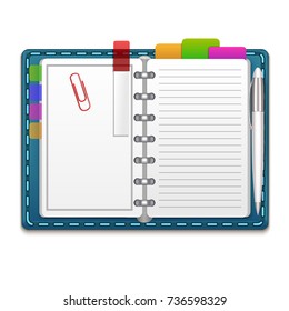 Realistic 3d Open Organizer Notebook, Pen, Color Stickers and Clip. Concept Business Project Vector illustration