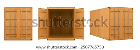 Realistic 3d orange container for cargo shipping. Vector illustration set of closed and open empty long industrial box for storage and shipment. Intermodal freight transport logistic package mockup.
