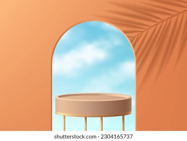 Realistic 3D orange cylinder podium background on golden easel with palm leaf shadow. Wall minimal scene mockup products stage showcase, Cosmetic banner promotion display. 3D abstract empty platforms.