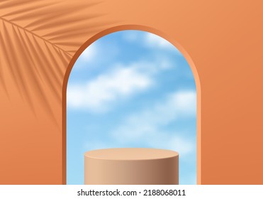 Realistic 3D orange cylinder stand podium with blue sky in arch shape, Leaf shadow background. Vector abstract with geometric forms design. Minimal wall scene for products display. Stage for showcase.