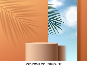 Realistic 3D orange cylinder stand podium with blue sky in mirror glasses, Palm leaf shadow background. Vector abstract with geometric forms. Summer minimal scene for products display. Stage showcase.