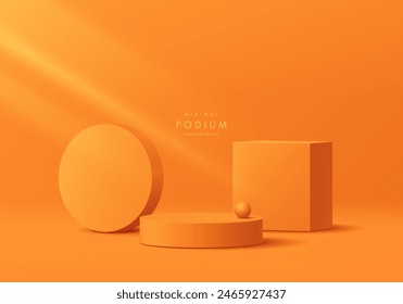 Realistic 3D orange cylindrical podium background with cube pedestal and circle wall scene. Minimal mockup or abstract product display presentation, Stage showcase. Platforms vector geometric design.