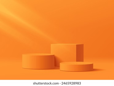 Realistic 3D orange cylindrical podium background with cube pedestal, Clean empty wall scene. Minimal mockup or abstract product display presentation, Stage showcase. Platforms vector geometric design