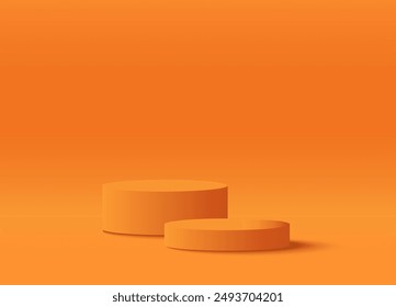 Realistic 3D orange cylindrical podium background. Minimal mockup or abstract product display presentation, Stage showcase. Platforms vector geometric design