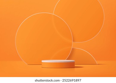 Realistic 3D orange cylindrical podium background with floating overlap circle backdrop scene. Minimalist mockup pedestal, abstract product display presentation, Stage showcase. Platform vector design