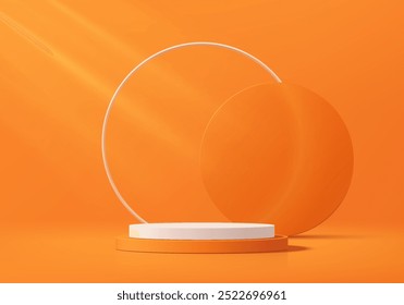 Fundo de pódio cilíndrico laranja 3D realista com cena de parede de fundo de anel de círculo branco. Pedestal de maquete minimalista, apresentação abstrata da exposição do produto, vitrine do palco. Design vetorial de plataforma.