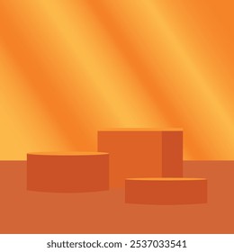 Realistic 3D orange cylindrical podium background with cube pedestal, Clean empty wall scene. Minimal mockup or abstract product display presentation