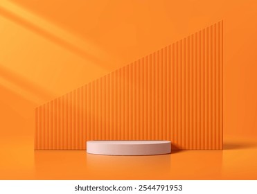 Fondo de podio cilíndrico naranja 3D realista con escenario de fondo de patrón de Vertical. Pedestal de maqueta minimalista o presentación Abstractas del producto, escaparate del escenario. Diseño de Vector de plataformas.