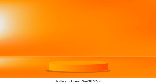 Realistic 3D orange cylindrical podium background with cube pedestal, Clean empty wall scene. Minimal mockup or abstract product display presentation, Stage showcase. Platforms vector geometric design
