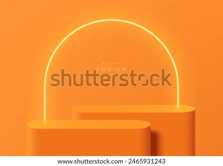 Realistic 3D orange cylindrical podium background with glowing neon arch shape wall scene. Minimal mockup or abstract product display presentation, Stage showcase. Platforms vector geometric design.